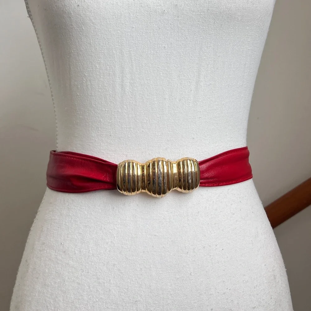Vintage 80s Belt Cherry Red Leather Gold Buckle Cinch Waist Retro Statement Glam